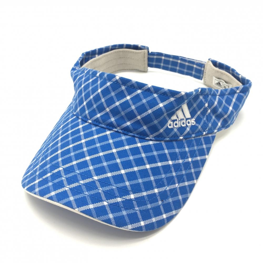 【超美品】アディダス サンバイザー ブルー×白 チェック  フリー(56-58cm)  ゴルフウェア adidas