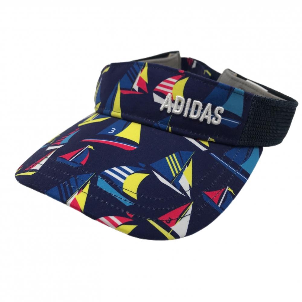 アディダス サンバイザー ネイビー×マルチカラー ヨット総柄 サイドメッシュ調 フリー(56-58cm)   ゴルフウェア adidas