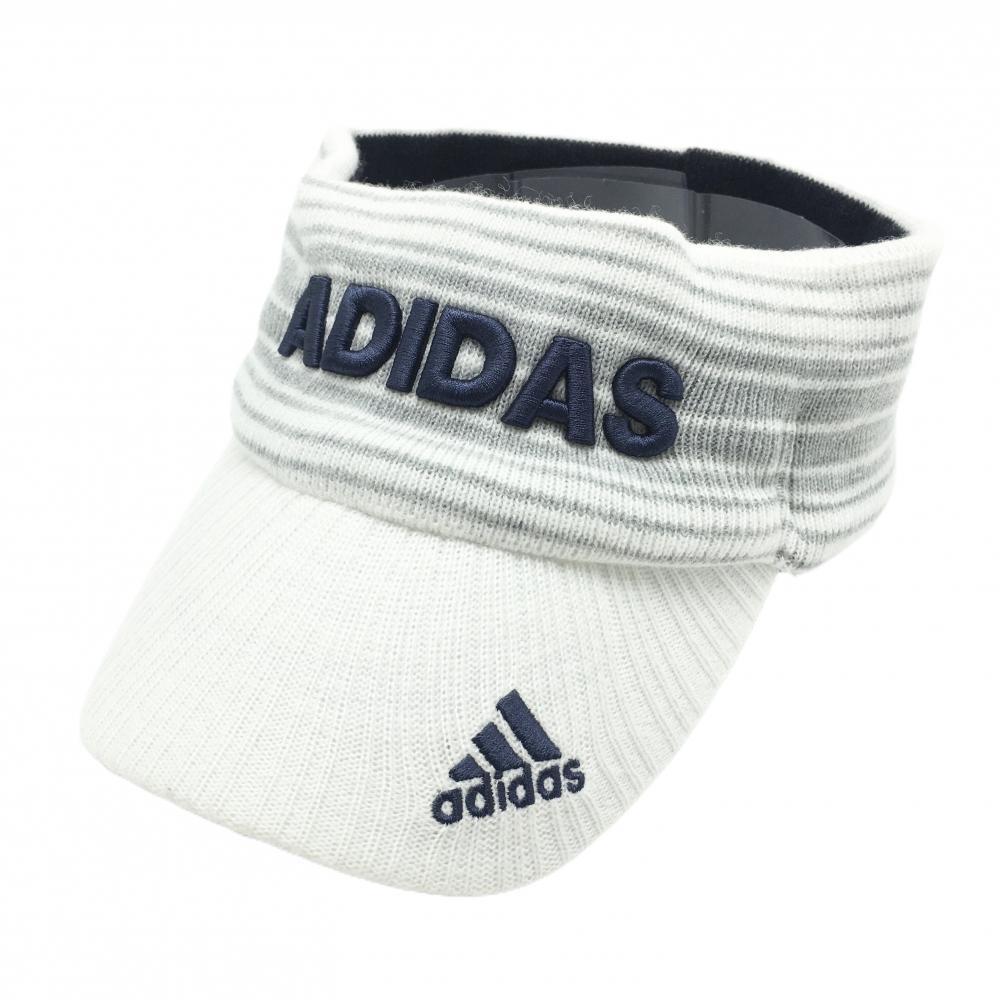 【超美品】アディダス ニットサンバイザー 白×グレー ロゴネイビー ボーダー フリーサイズ(57～59cm)   ゴルフウェア adidas