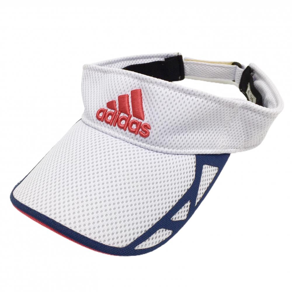 【美品】アディダス メッシュサンバイザー 白×ネイビー ロゴレッド フリー(57cm～59cm)   ゴルフウェア adidas