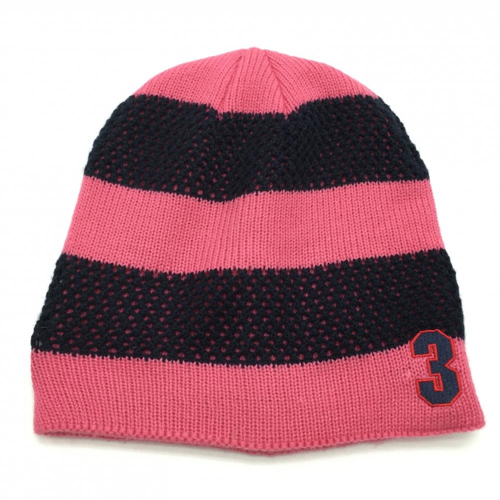 【超美品】アディダス ニット帽 ピンク×ネイビー ワッペン フリー（57-59） ゴルフウェア adidas