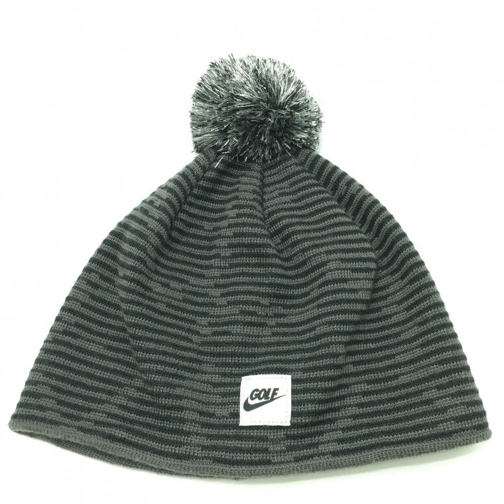 【超美品】アディダス ニット帽 グレー×黒 ボーダー調 裏地フリース ボンボン付 ONE SIZE FITS MOST ゴルフウェア adidas