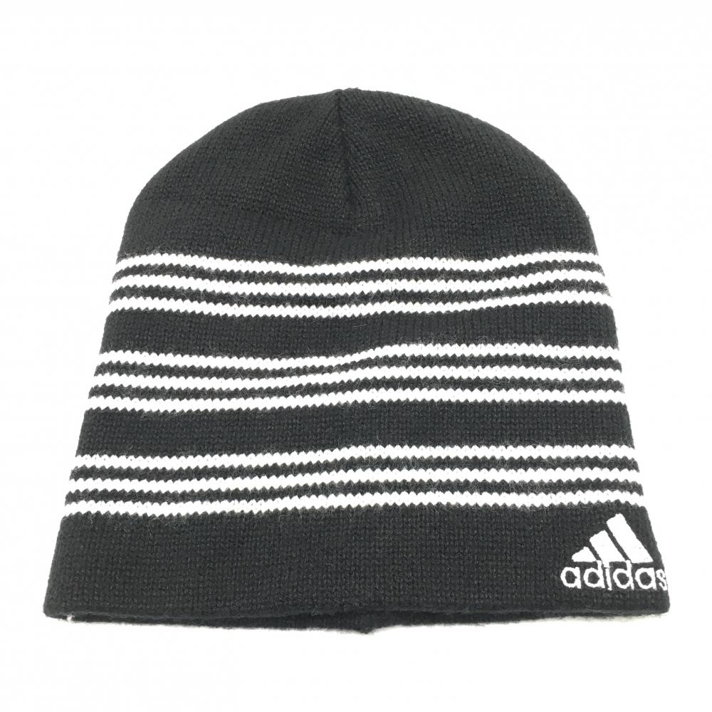 【美品】アディダス ニット帽 黒×白 ボーダー アクリル100％ フリー(56cm-58cm)  ゴルフウェア adidas