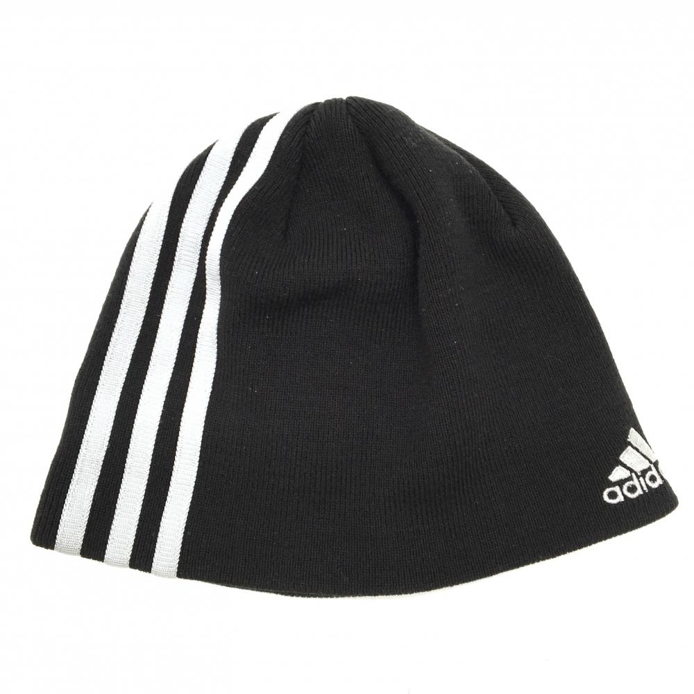 【美品】アディダス ニット帽 黒×グレー 3ライン  OSFX(57-60cm)  ゴルフウェア adidas