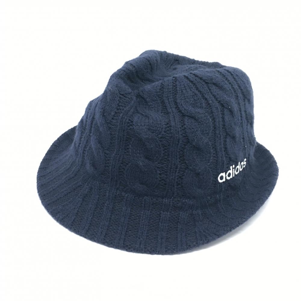 【超美品】アディダス 中折れニットハット ネイビー ケーブル編み ウール混 58cm  ゴルフウェア adidas