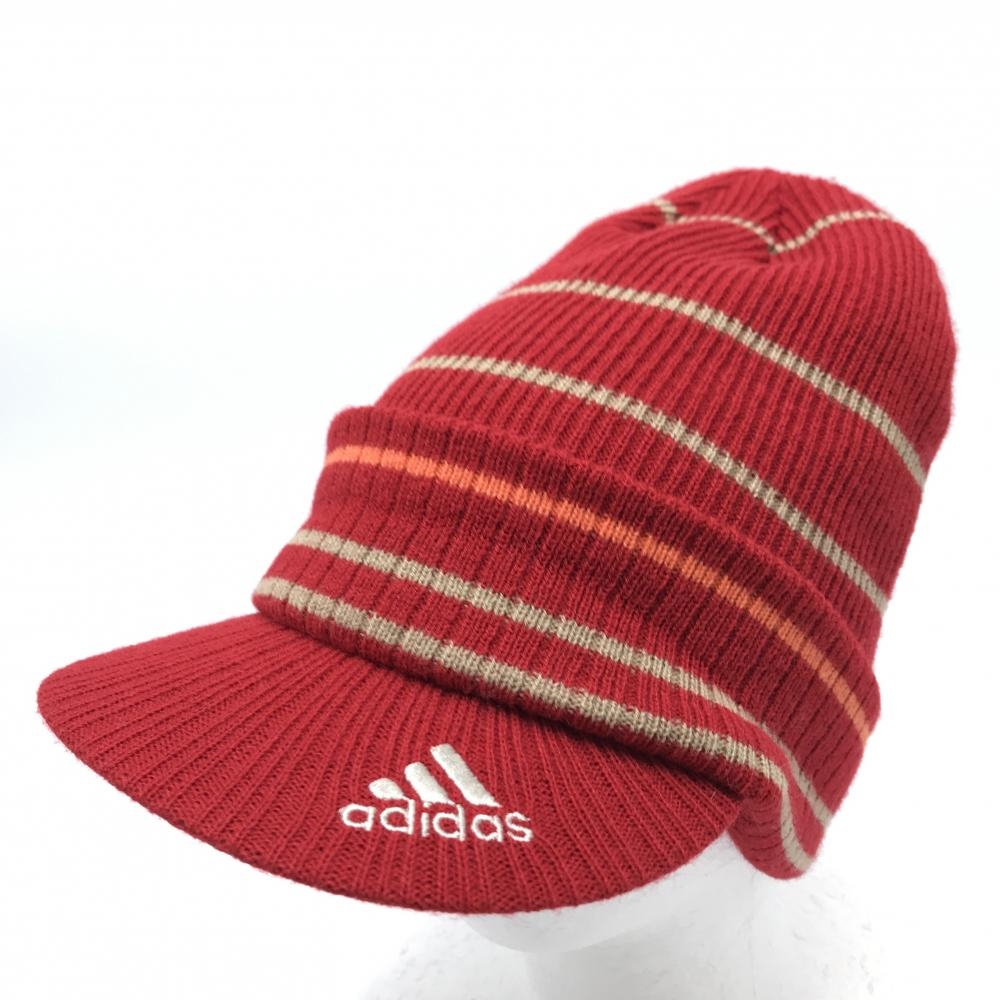 アディダス つば付きニット帽 レッド×ベージュ ロゴ刺しゅう    ゴルフウェア adidas