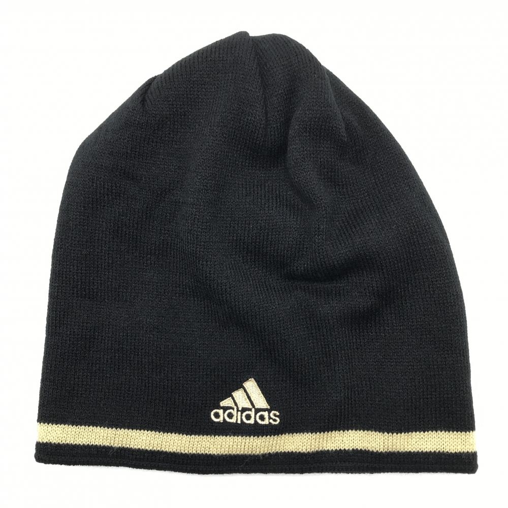 【新品】アディダス ニット帽 黒×ベージュ ロゴ刺しゅう  フリー(57-59㎝)   ゴルフウェア adidas