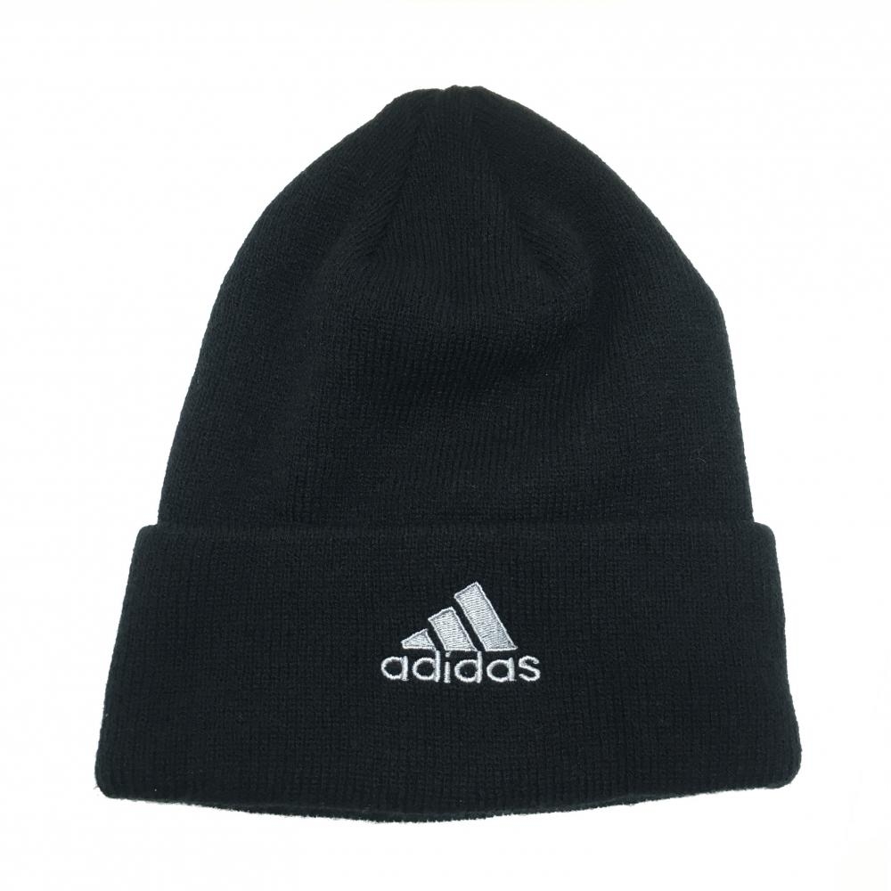 【美品】アディダス ニット帽 黒×グレー ロゴ刺しゅう フリー(57-59cm)   ゴルフウェア adidas