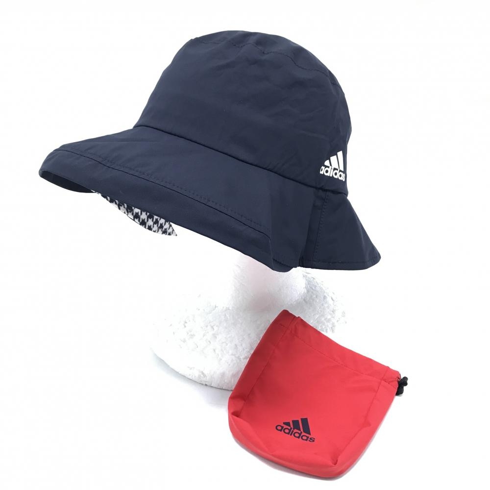 【美品】アディダス レインハット ダークネイビー つば裏千鳥格子 収納袋付 57cm   ゴルフウェア adidas