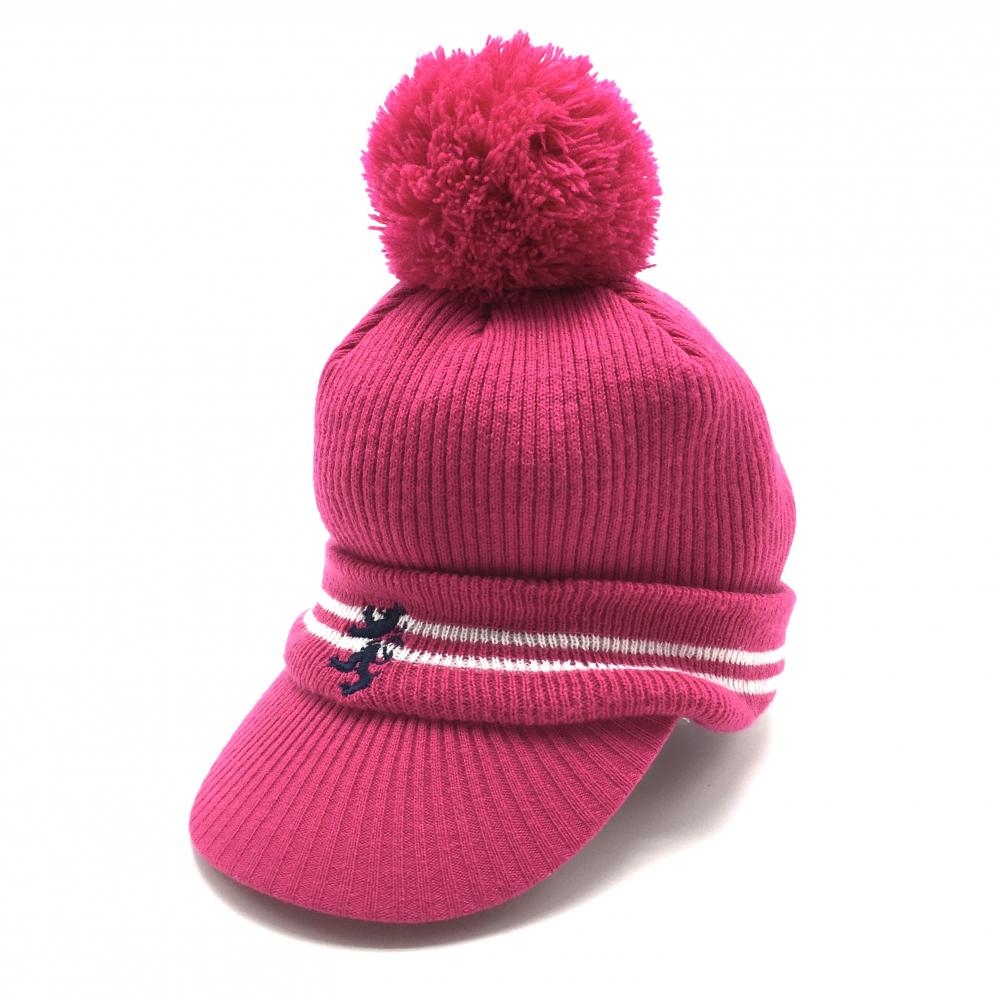 【超美品】アドミラル つば付きニット帽 ピンク×白 ライン ボンボン付 48　F   ゴルフウェア Admiral