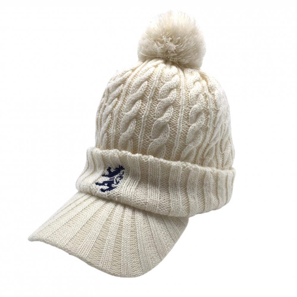 【美品】アドミラル つば付きニット帽 アイボリー ケーブル編み ボンボン付 FREE   ゴルフウェア Admiral