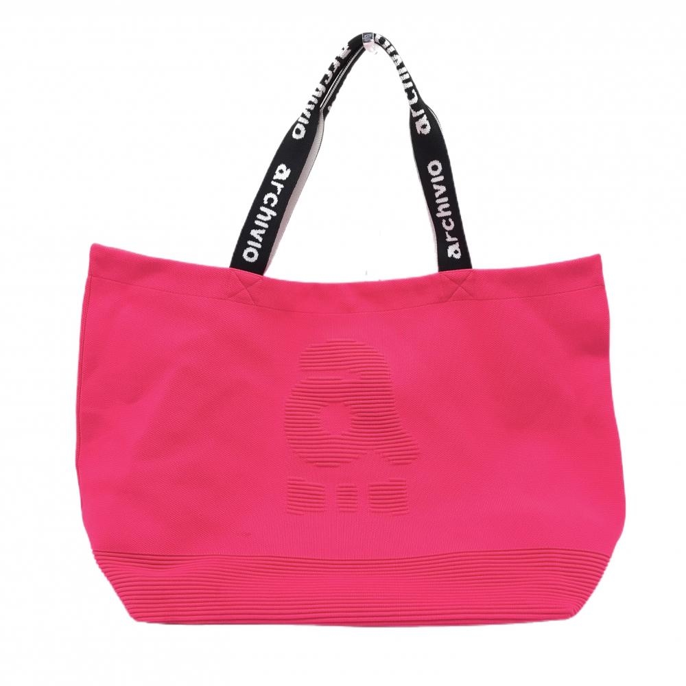 【美品】アルチビオ ビッグトートバッグ ピンク×黒 ニット ロッカーバッグ 持ち手ロゴ ゴルフ archivio