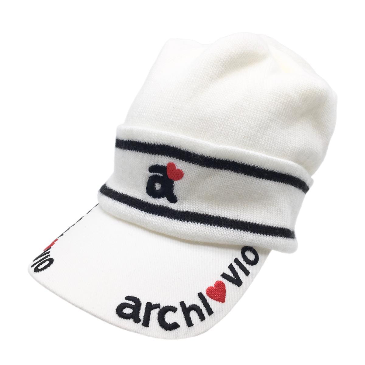 【超美品】アルチビオ つば付ニット帽 白×黒 つばロゴ刺しゅう    ゴルフウェア archivio