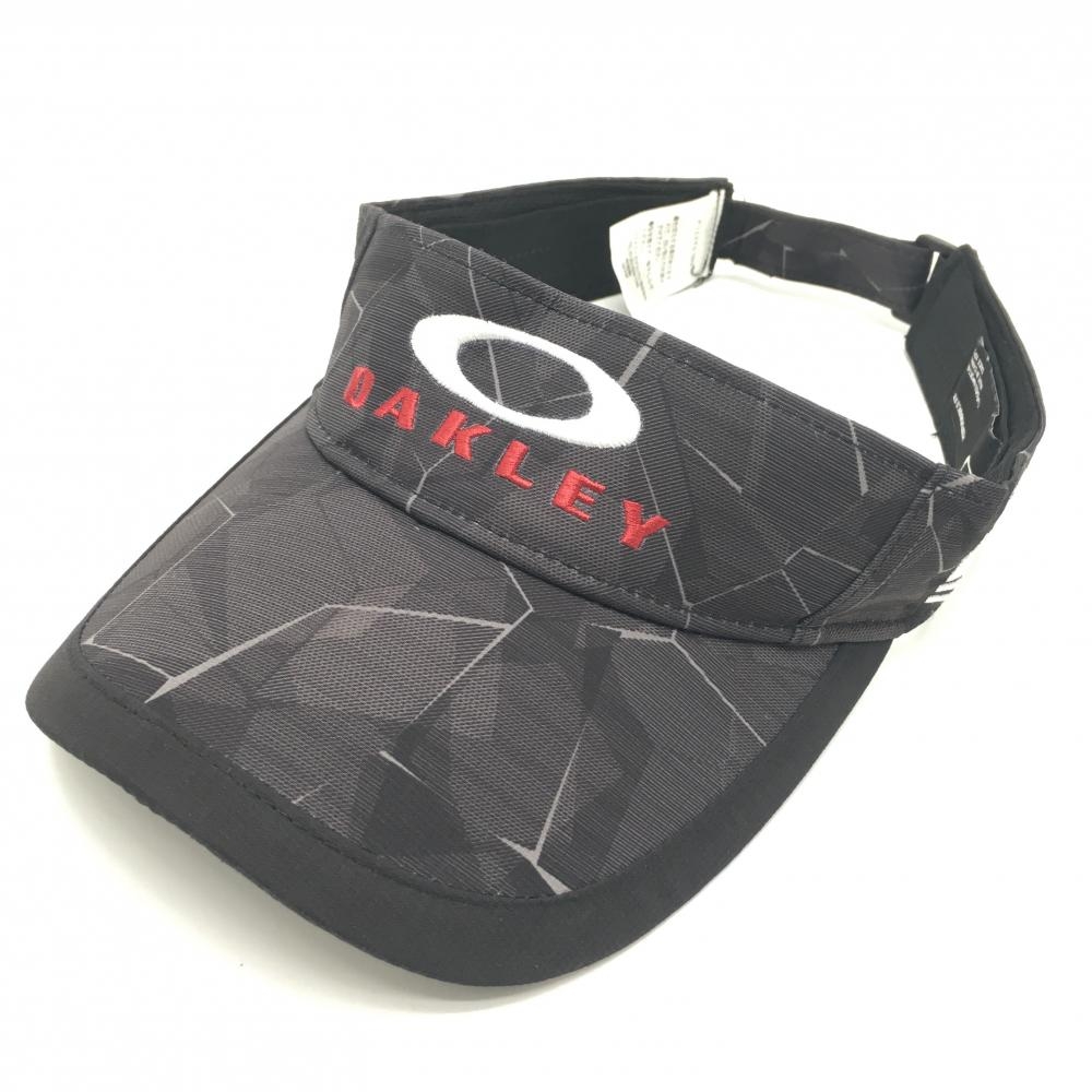 【美品】オークリー サンバイザー 黒×ダークグレー 総柄 ロゴ刺しゅう  ゴルフウェア Oakley