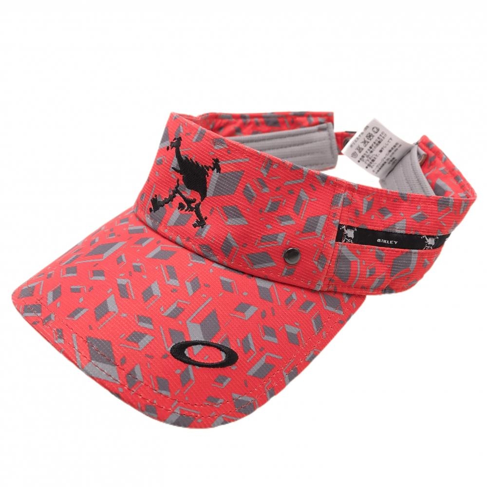 【美品】オークリー サンバイザー オレンジレッド×グレー 総柄 ロゴ刺しゅう   ゴルフウェア Oakley