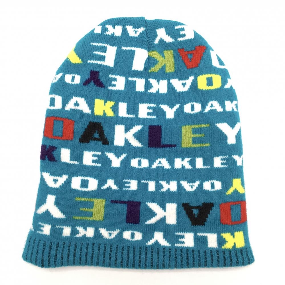 【超美品】オークリー ニット帽 ブルー×白 ロゴ総柄  ゴルフウェア Oakley
