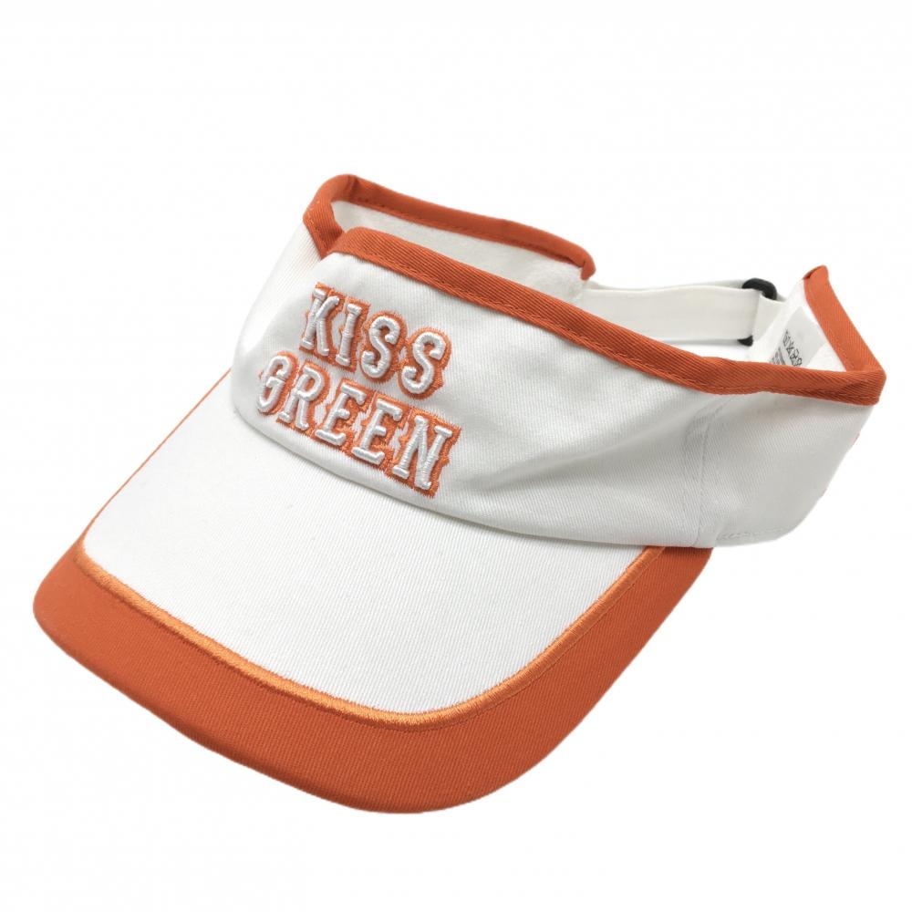 【美品】キスオンザグリーン サンバイザー 白×オレンジ ロゴ刺しゅう フリー   ゴルフウェア kiss on the green