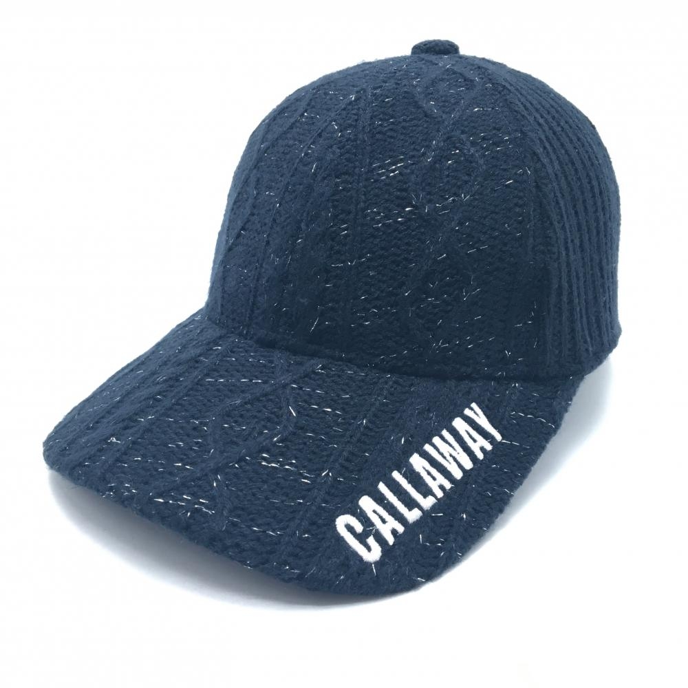 【美品】キャロウェイ ニットキャップ ネイビー 一部ケーブル編み ラメ糸混 ロゴ白 FR   ゴルフウェア Callaway