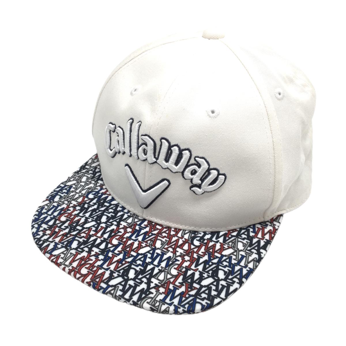 キャロウェイ フラットキャップ 白×ネイビー つばロゴ総柄 FR   ゴルフウェア Callaway