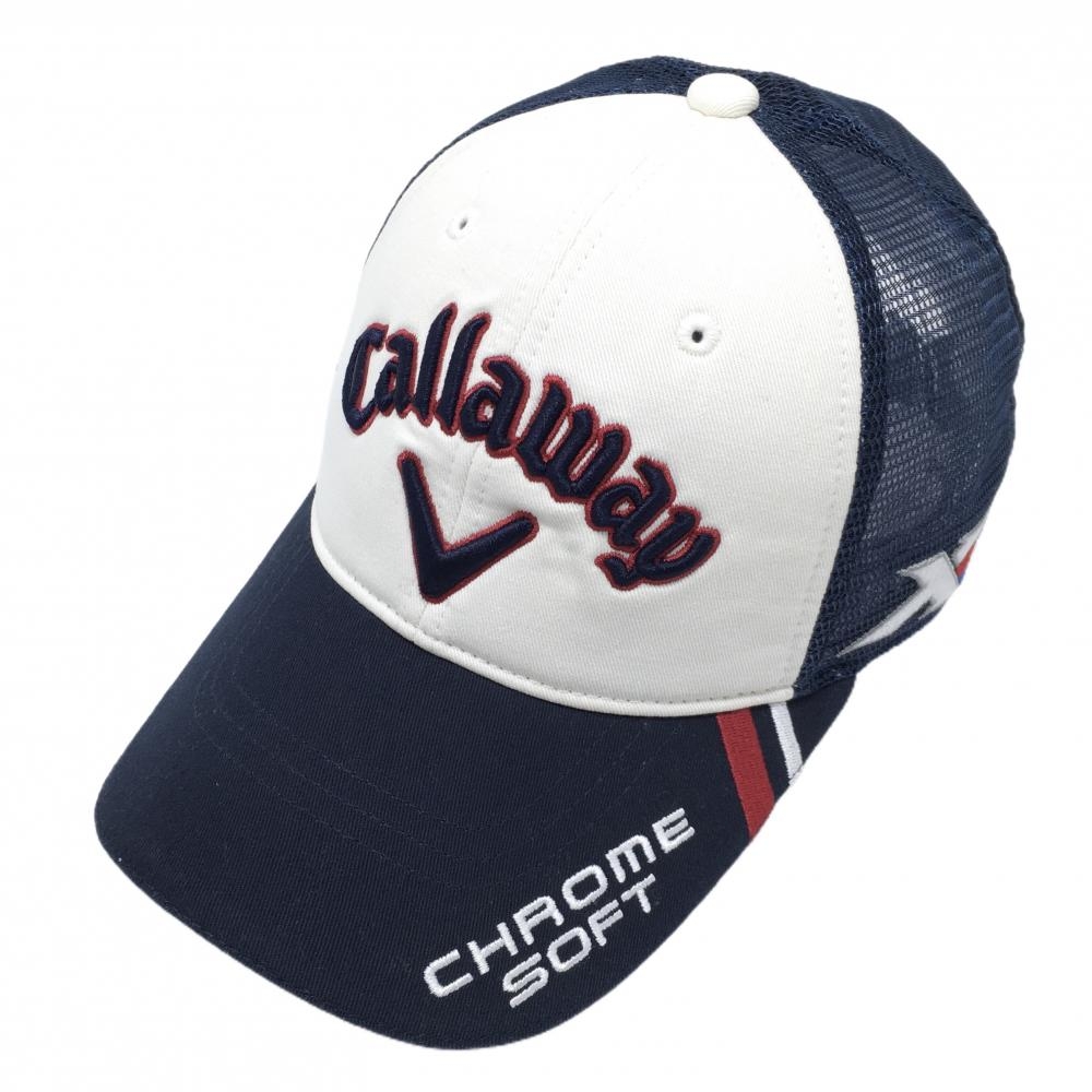 【美品】キャロウェイ メッシュキャップ ネイビー×アイボリー ロゴ刺しゅう ODYSSEY FR   ゴルフウェア Callaway