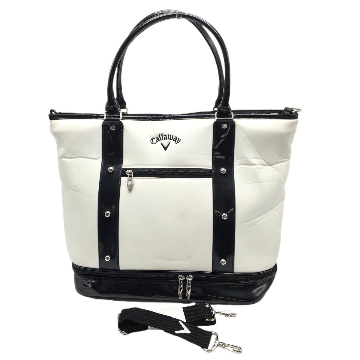 キャロウェイ 2層式トートバッグ 白×黒 一部エナメル 内外ポケット ショルダーストラップ付 ゴルフ Callaway