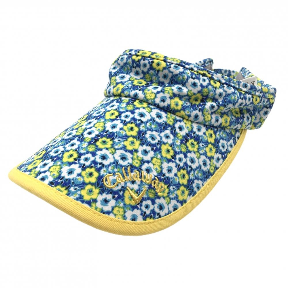 【美品】キャロウェイ サンバイザー ブルー×イエロー 花柄 ロゴ刺しゅう  FR  ゴルフウェア Callaway