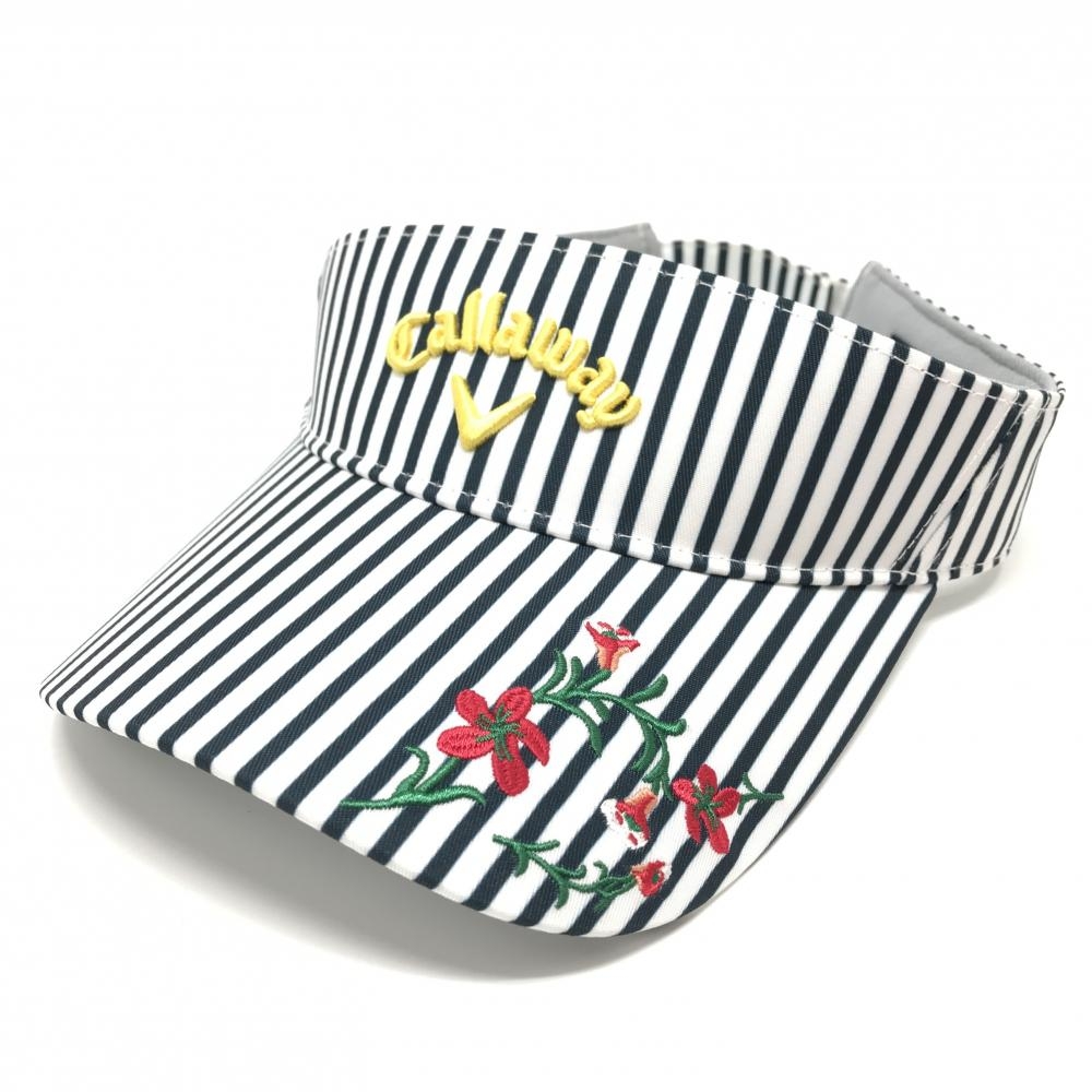 【美品】キャロウェイ サンバイザー 白×ネイビー ストライプ 花刺しゅう FR   ゴルフウェア Callaway