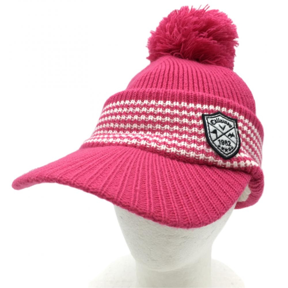 【超美品】キャロウェイ つば付きニット帽 ピンク×白 一部ボーダー 裏起毛 FR ゴルフウェア Callaway 画像