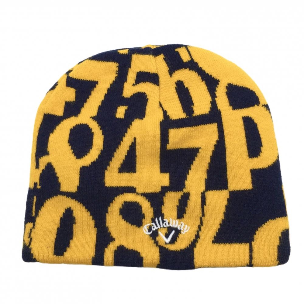 【超美品】キャロウェイ ニット帽 黒×オレンジ 数字総柄 ロゴ刺しゅう 裏フリース FR  ゴルフウェア Callaway