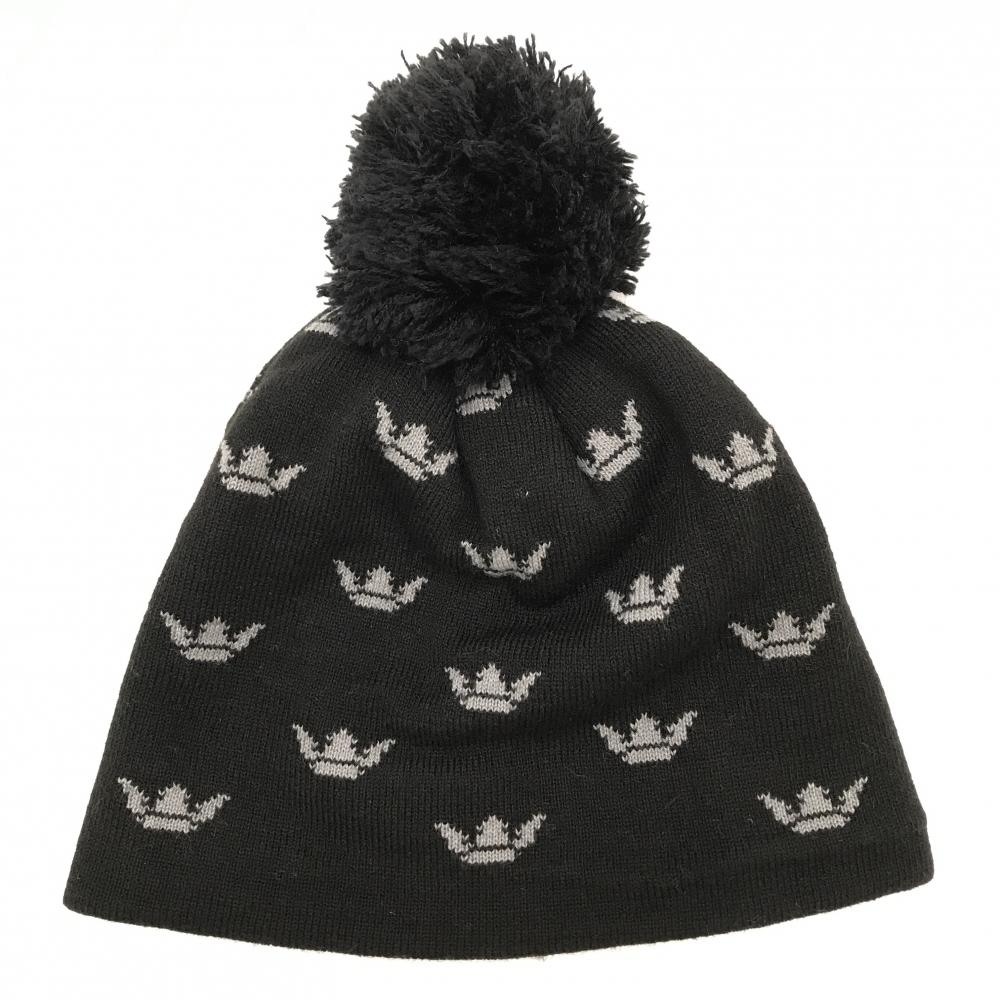 【超美品】キャロウェイ ニット帽 黒×グレー 総柄 ボンボン付 FR  ゴルフウェア Callaway