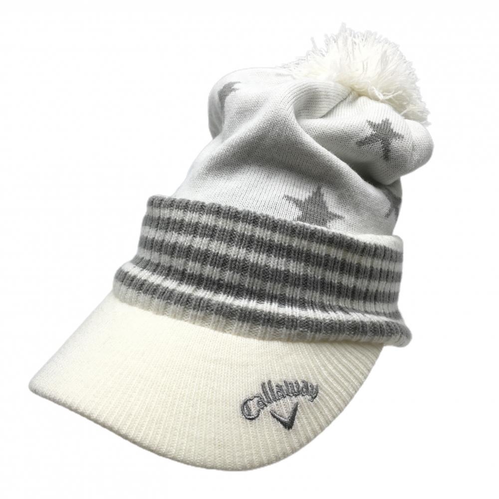 【美品】キャロウェイ サンバイザー付ニット帽 白×グレー 星柄 ボンボン FR  ゴルフウェア Callaway