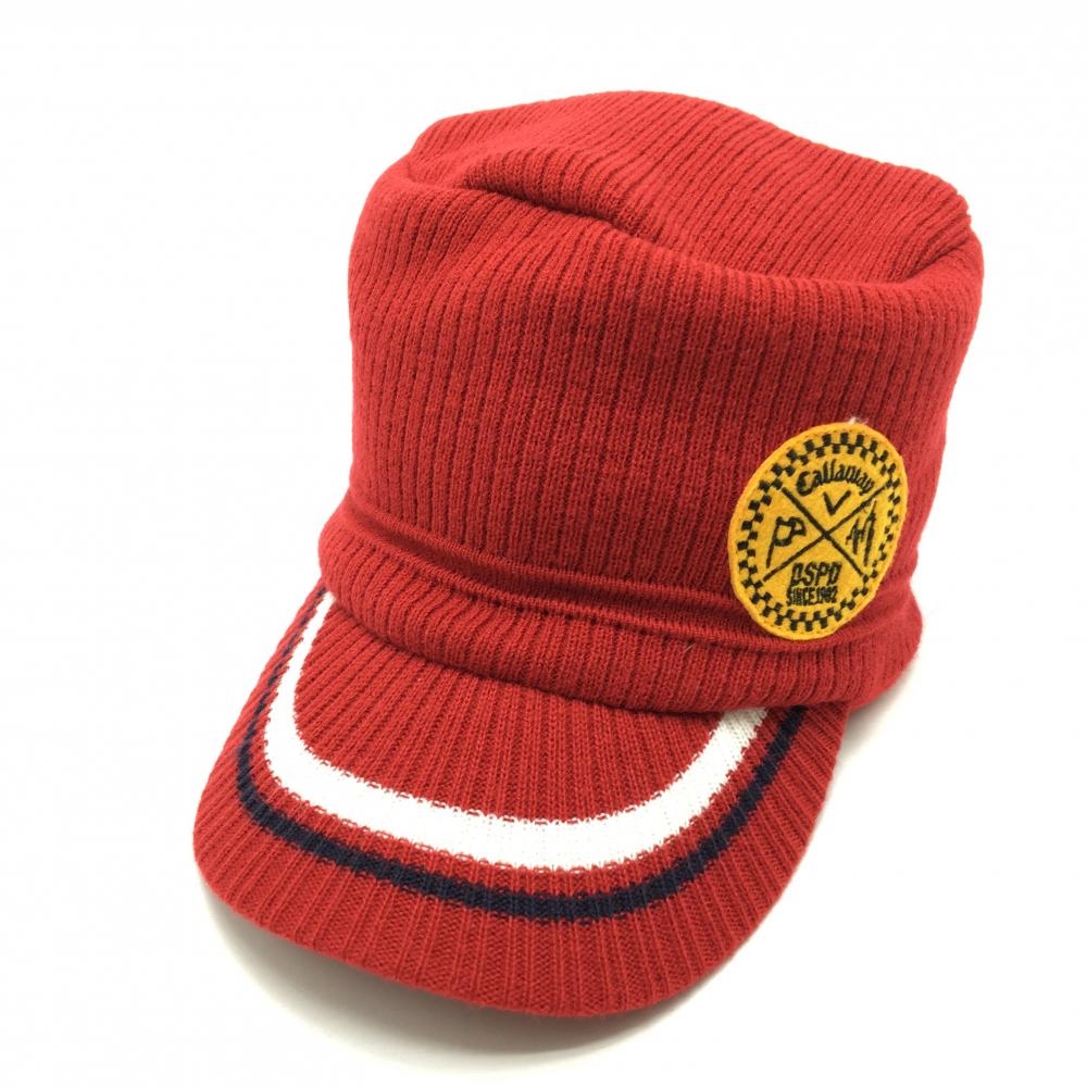 【美品】キャロウェイ つば付きニット帽 レッド×イエロー×ネイビ ロゴワッペン 内側フリース   ゴルフウェア Callaway