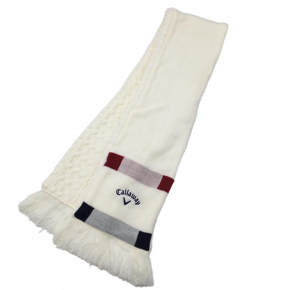 【超美品】キャロウェイ ニットマフラー 白 ケーブル編み ロゴネイビー FR ゴルフウェア Callaway