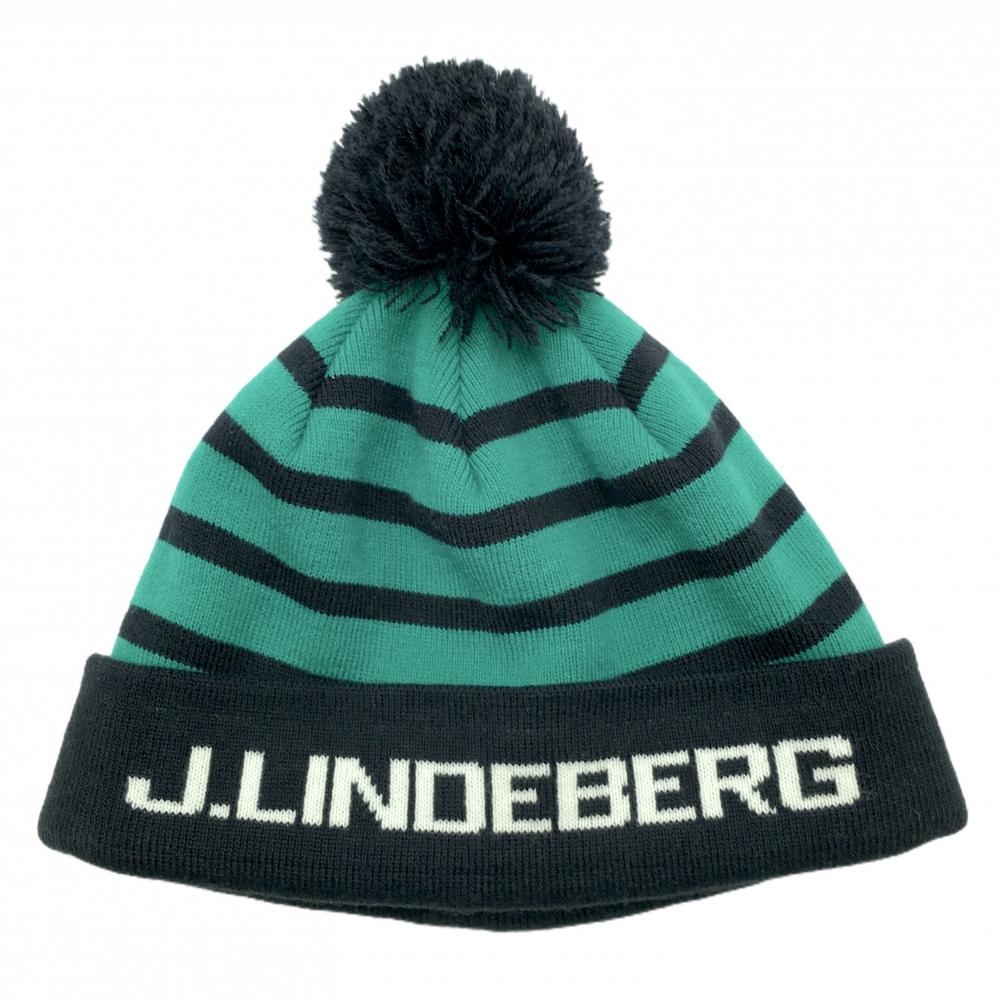 【超美品】ジェイリンドバーグ ニット帽 グリーン×黒 ボーダー フロントロゴ ボンボン付き OneSize   ゴルフウェア J．LINDEBERG