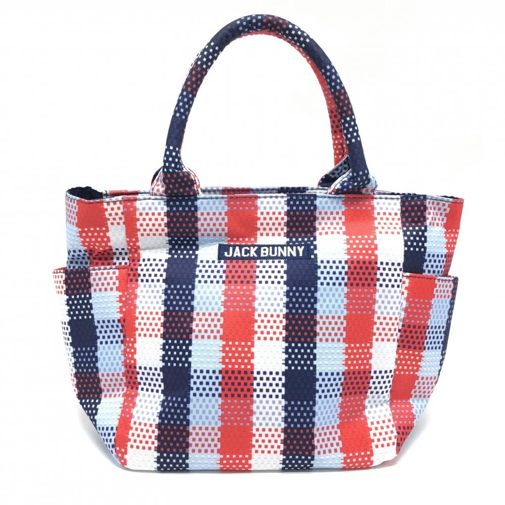 【美品】ジャックバニー カートバッグ ネイビー×レッド チェック 内外ポケット ゴルフ Jack Bunny