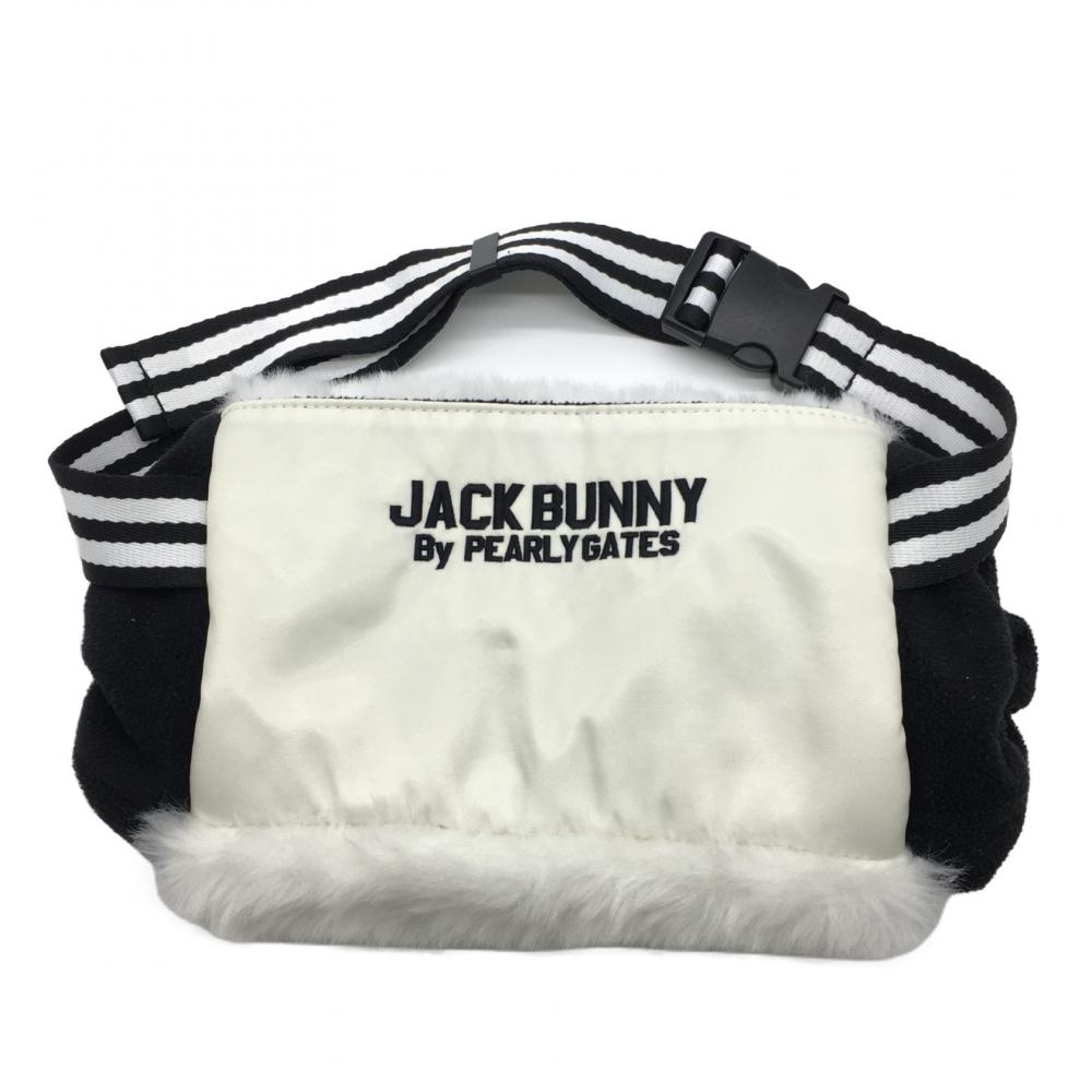 【超美品】ジャックバニー ハンドウォーマー 白×黒 ファー フリース ストラップ付 ゴルフウェア Jack Bunny 画像