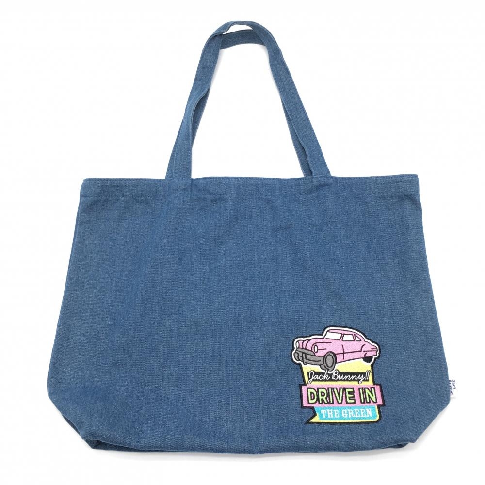 【美品】ジャックバニー トートバッグ ネイビー系×ピンク デニム調 車刺しゅうゴルフ Jack Bunny