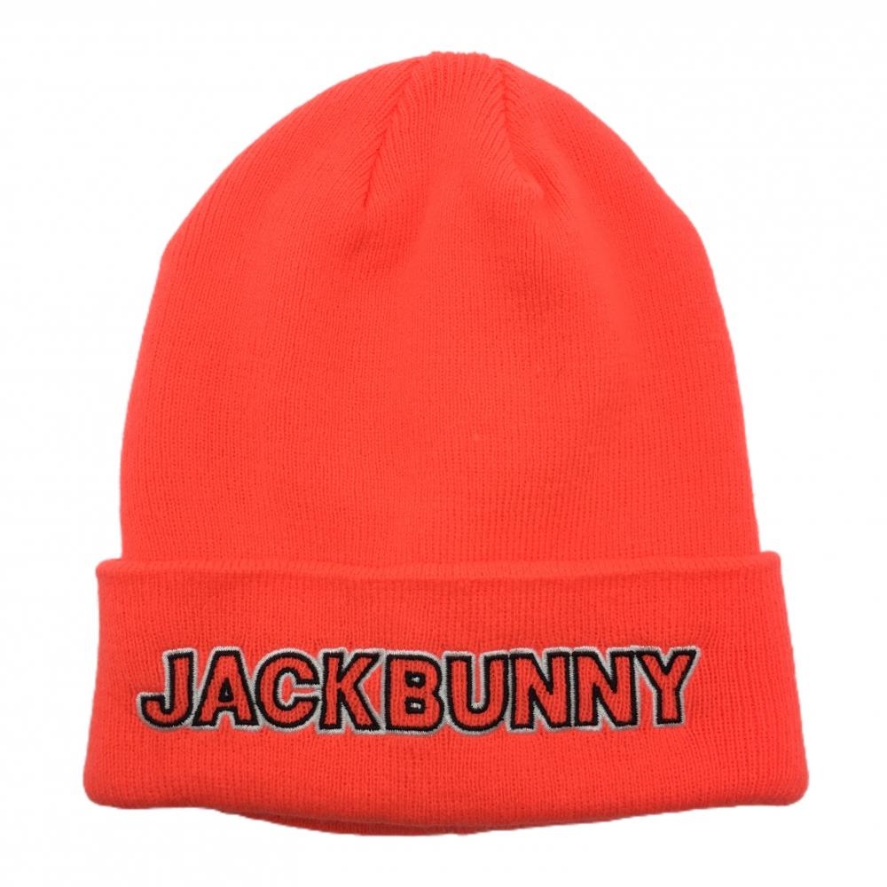 【超美品】ジャックバニー ニット帽 蛍光レッド系×黒 アクリル100％ ロゴ刺しゅう FR  ゴルフウェア 2023年モデル Jack Bunny
