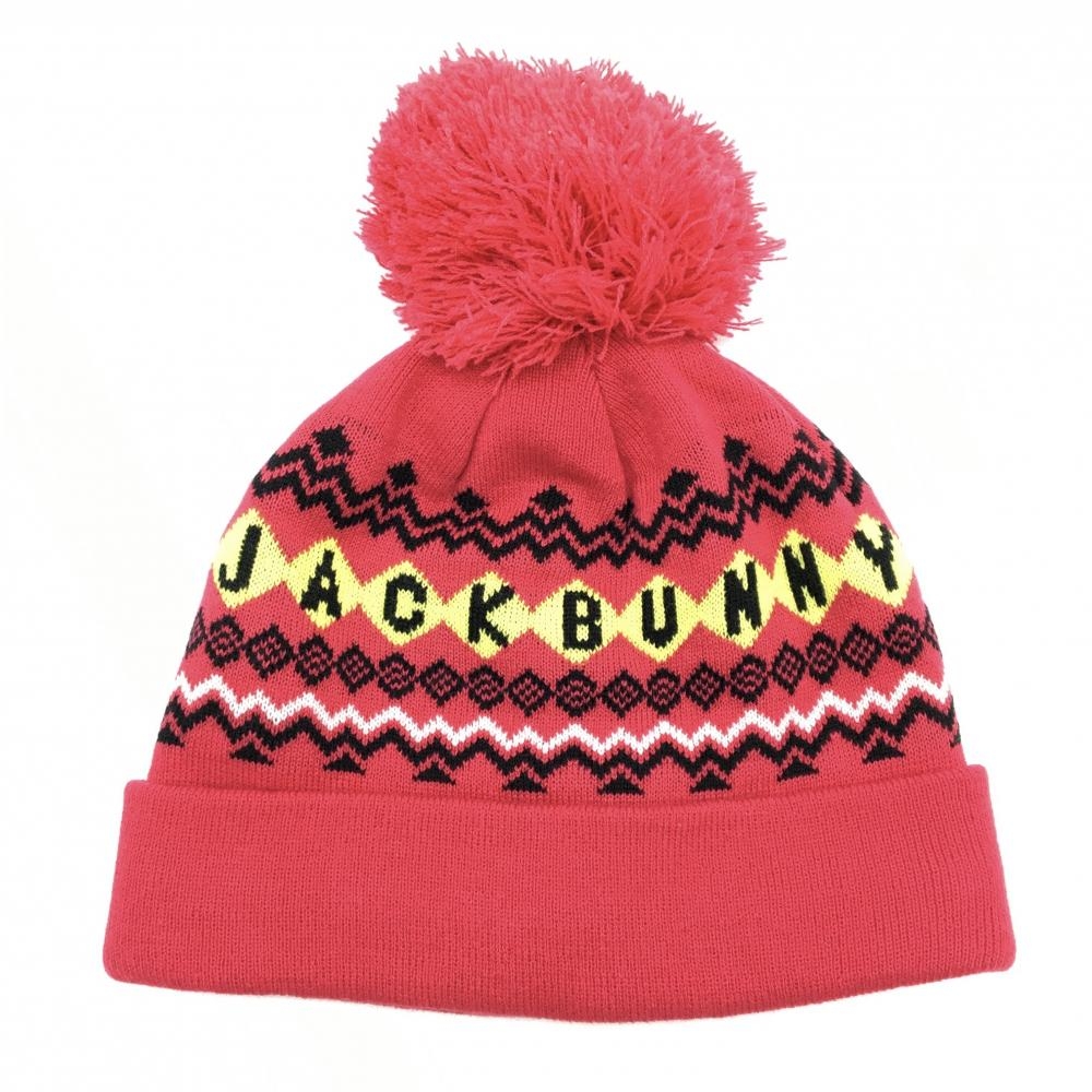【超美品】ジャックバニー ニット帽 ピンク×白 ボンボン付 内側起毛 FR  ゴルフウェア Jack Bunny