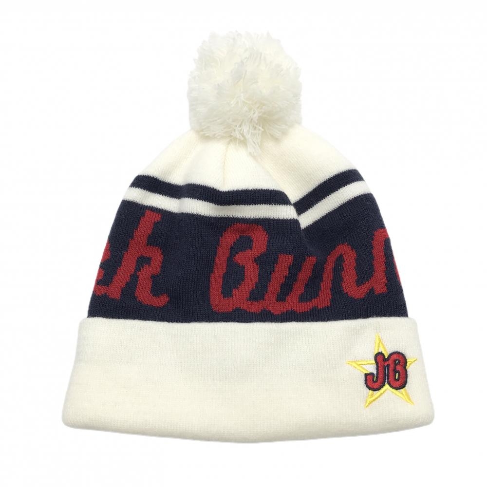 【超美品】ジャックバニー ニット帽 白×ネイビー ボンボン付 ロゴ刺しゅう FR   ゴルフウェア Jack Bunny