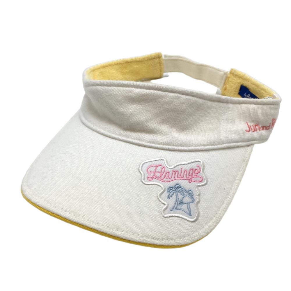 【美品】ジュンアンドロペ サンバイザー 白×イエロー ロゴ刺しゅう 内側パイル地 表記なし ゴルフウェア JUN＆ROPE