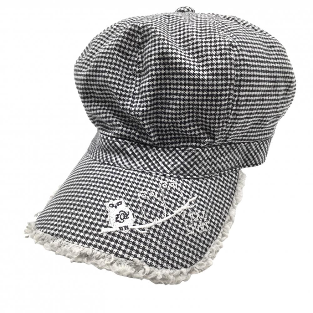 【美品】ゾーイ キャスケット 白×ネイビー ギンガムチェック つば裏ボア ロゴフクロウ  ゴルフウェア ZOY