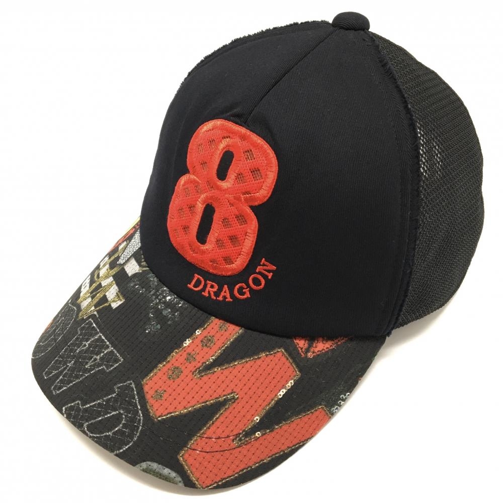 【美品】ダンスウィズドラゴン メッシュキャップ 黒×レッド つば総柄 ロゴ刺しゅう 99(F)   ゴルフウェア Dance With Dragon
