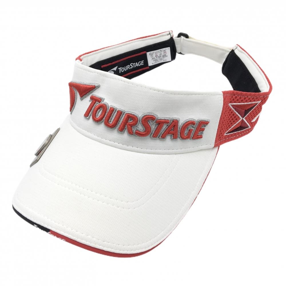 【美品】ツアーステージ サンバイザー 白×レッド ロゴ刺しゅう マーカー付き フリーサイズ(56～59cm)   ゴルフウェア TOURSTAGE