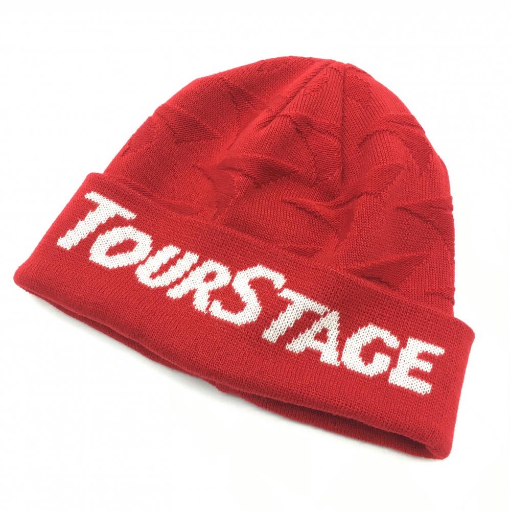 【超美品】ツアーステージ ニット帽 レッド ロゴ総柄 フリーサイズ(約56-59cm) ゴルフウェア TOURSTAGE 画像