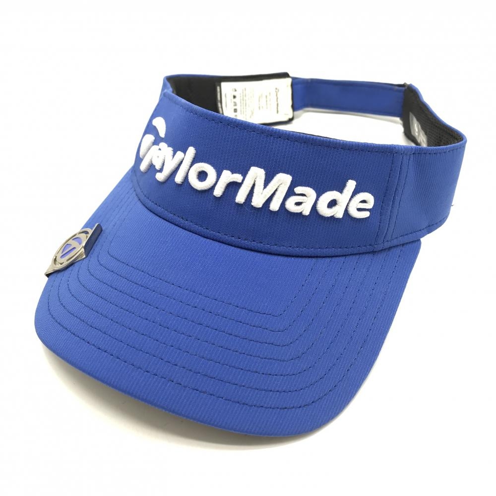 【美品】テーラーメイド サンバイザー ブルー×白 立体ロゴ刺しゅう マグネット式クリップマーカー付き ONE SIZ   ゴルフウェア TaylorMade