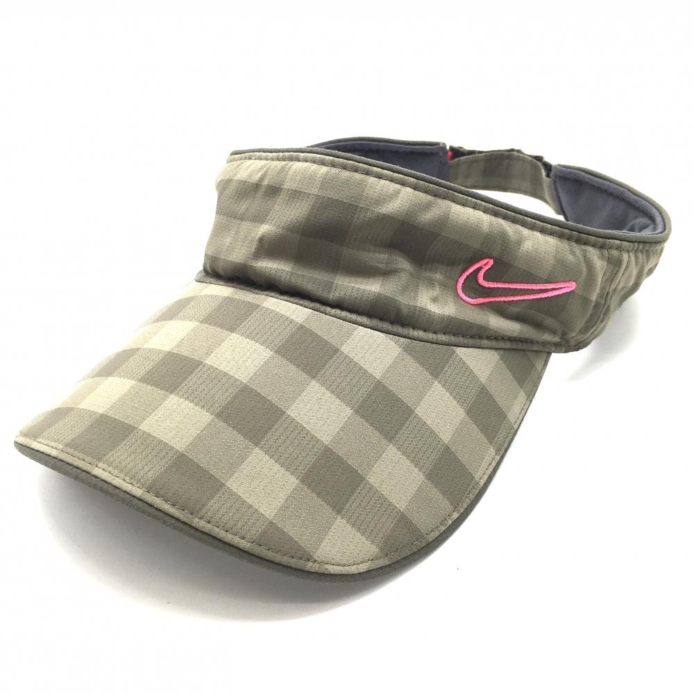 【美品】ナイキゴルフ サンバイザー カーキ チェック  ゴルフウェア NIKE