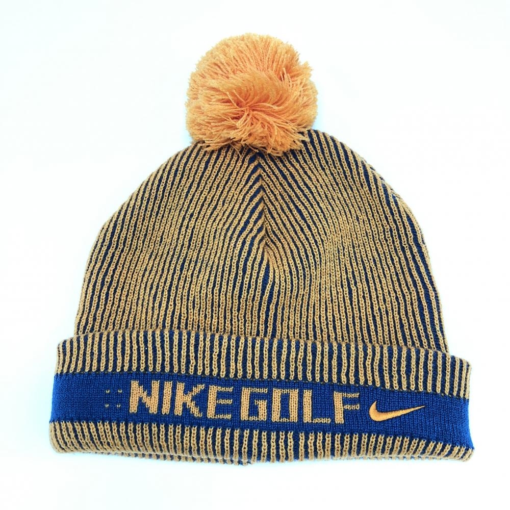 【超美品】ナイキゴルフ ニット帽 オレンジ地×ブルー ロゴ刺しゅう ボンボン付き ゴルフウェア NIKE 画像
