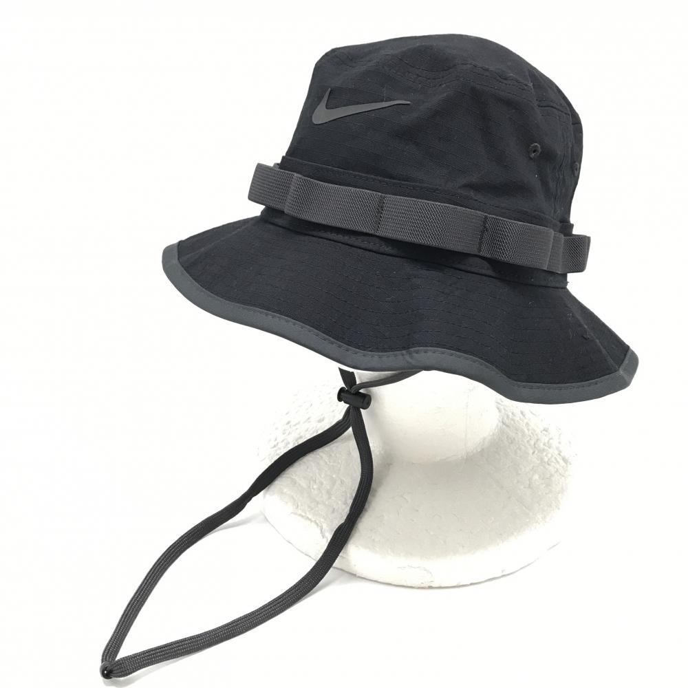 【超美品】ナイキ バケットハット 黒 ロゴ あご紐付   ゴルフウェア NIKE
