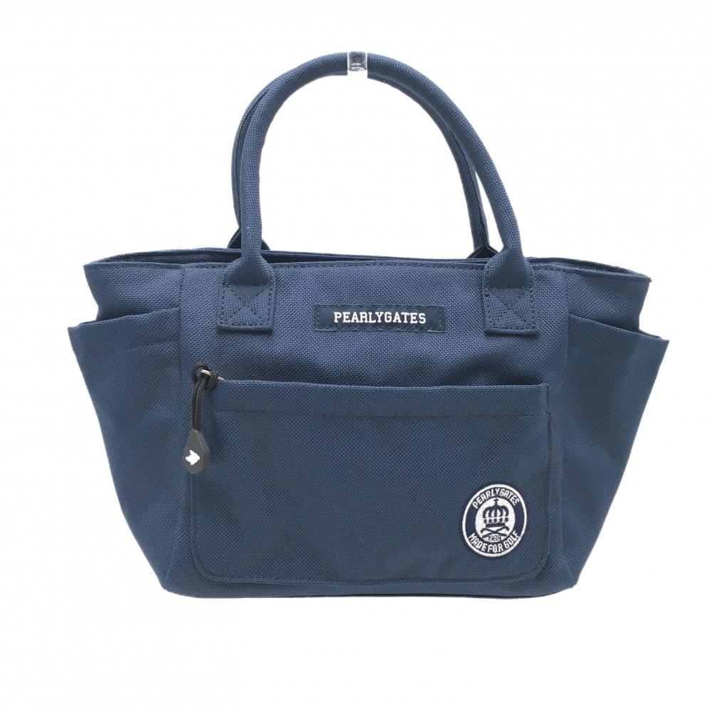 【超美品】パーリーゲイツ カートバッグ ネイビー×白 内外ポケット 裏地英字総柄・ニコちゃん ゴルフ PEARLY GATES